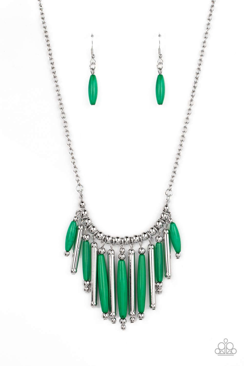 Bohemian Breeze - Green & Silver Cylindrical Beaded Fringe Paparazzi Necklace & matching earrings