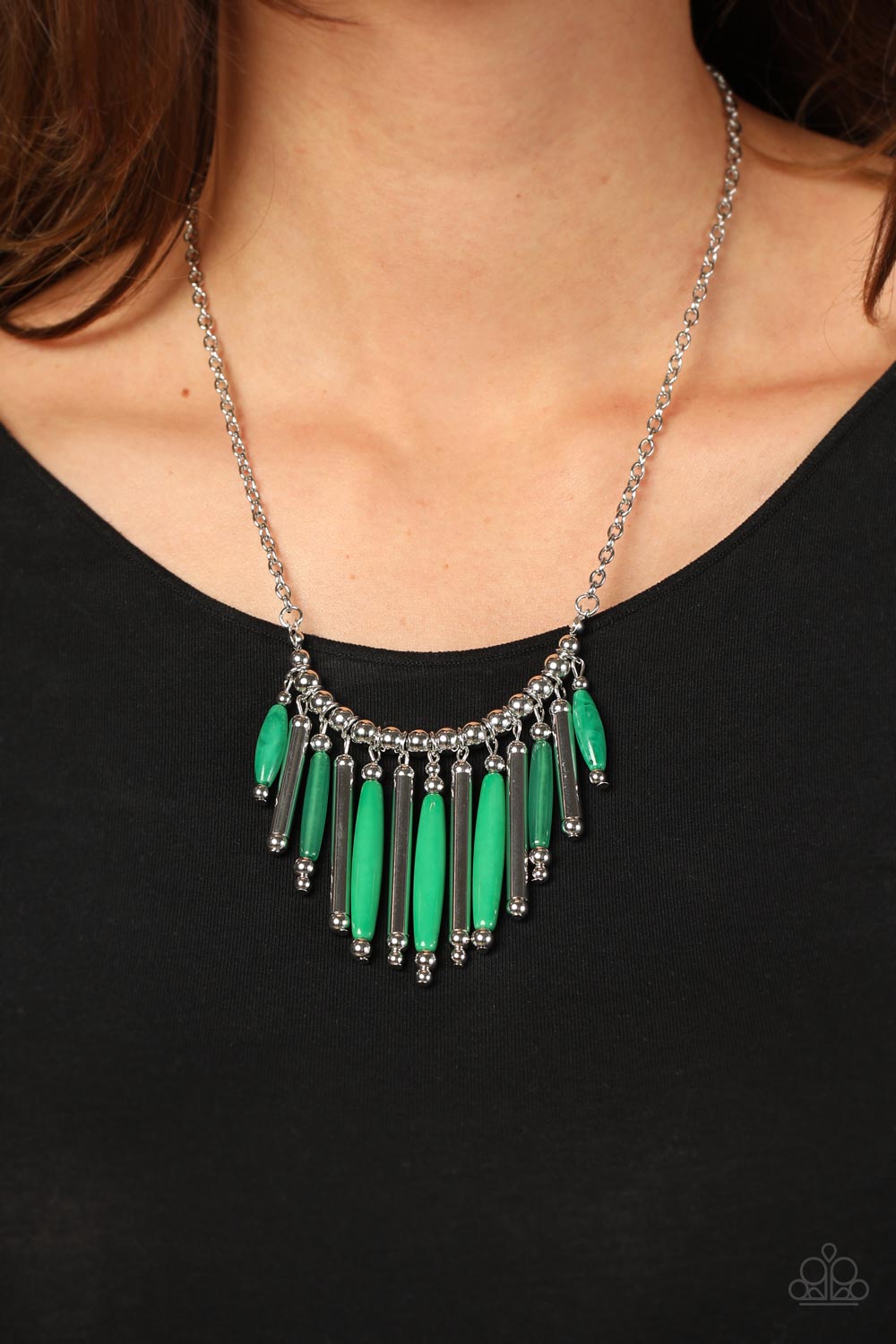 Bohemian Breeze - Green & Silver Cylindrical Beaded Fringe Paparazzi Necklace & matching earrings