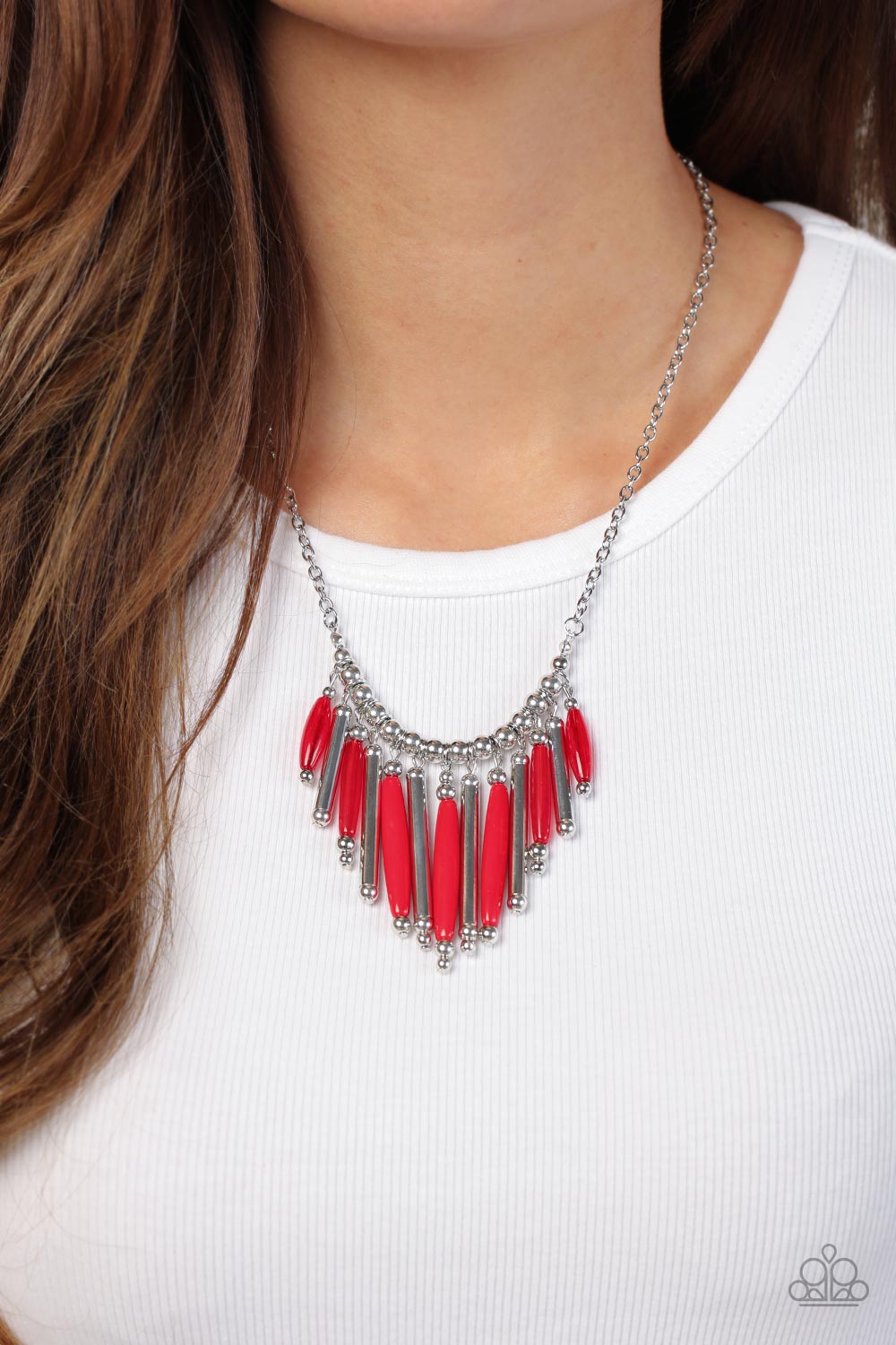 Bohemian Breeze - Red Cylindrical/Silver Beaded Paparazzi Necklace & matching earrings