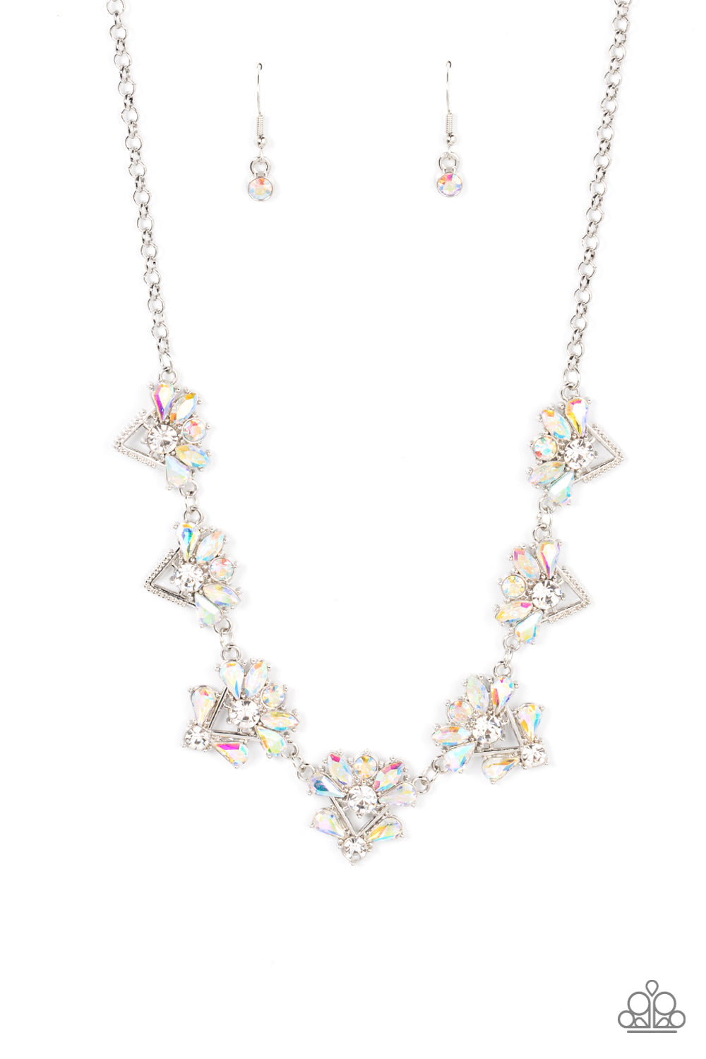 Extragalactic Extravagance - Multi Iridescent Rhinestone Cluster Paparazzi Necklace & matching earrings