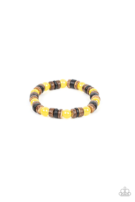 Durango Drifter - Yellow Stone Beads/Black & Brown Wooden Disc Paparazzi Stretch Bracelet