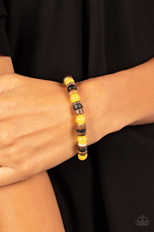 Durango Drifter - Yellow Stone Beads/Black & Brown Wooden Disc Paparazzi Stretch Bracelet