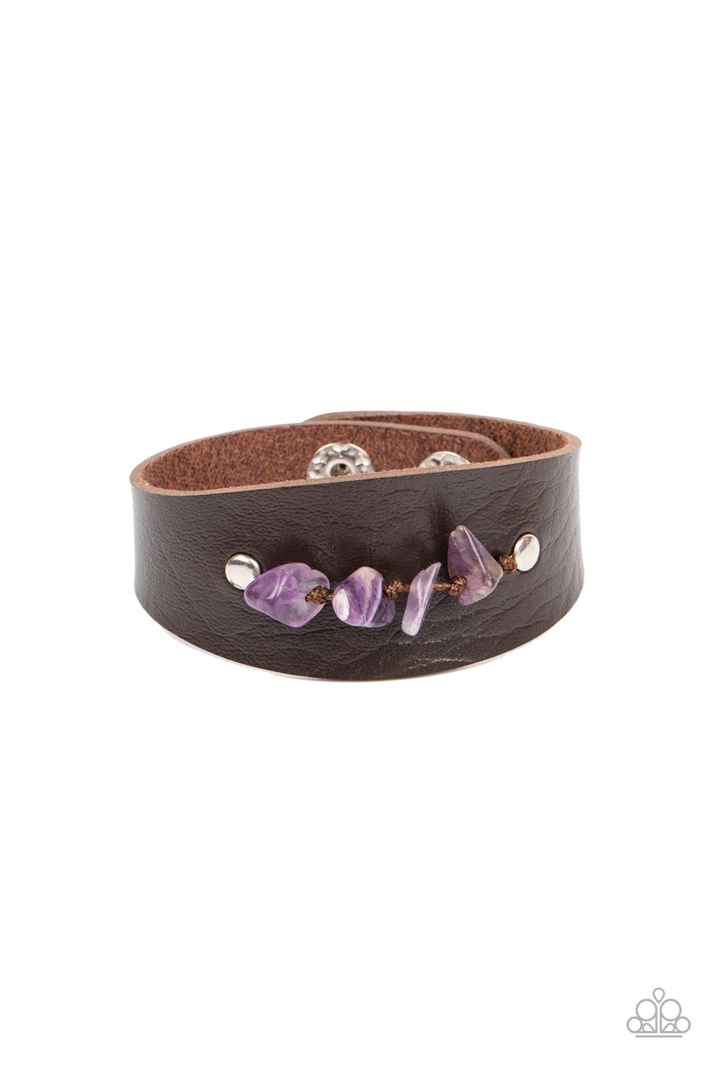 Colorful Canyoneer - Purple Amethyst Pebbles & Brown Leather Paparazzi Snap Bracelet
