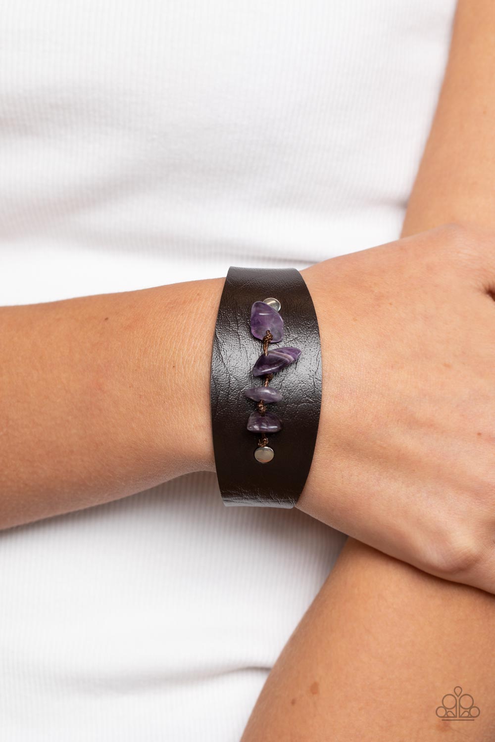 Colorful Canyoneer - Purple Amethyst Pebbles & Brown Leather Paparazzi Snap Bracelet