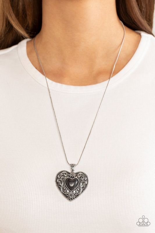 Wholeheartedly Whimsical - Black Heart Stone/Embossed Silver Frame Pendant Paparazzi Necklace & matching earrings