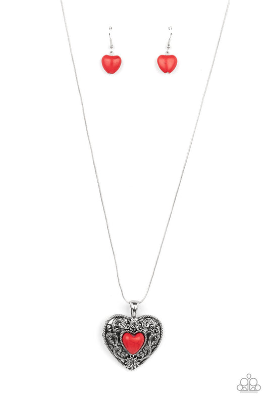 Wholeheartedly Whimsical - Red Stone Heart/Silver Floral Heart Pendant Paparazzi Necklace & matching earrings