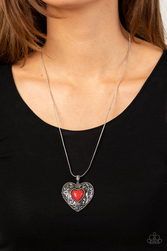 Wholeheartedly Whimsical - Red Stone Heart/Silver Floral Heart Pendant Paparazzi Necklace & matching earrings