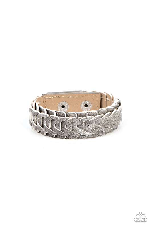 Western Nomad - Silver/Gray Overlapping Interlocking Leather Frame Paparazzi Snap Bracelet