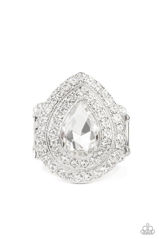 Icy Indulgence - White Oversized Teardrop Gem & White Rhinestone Paparazzi Ring