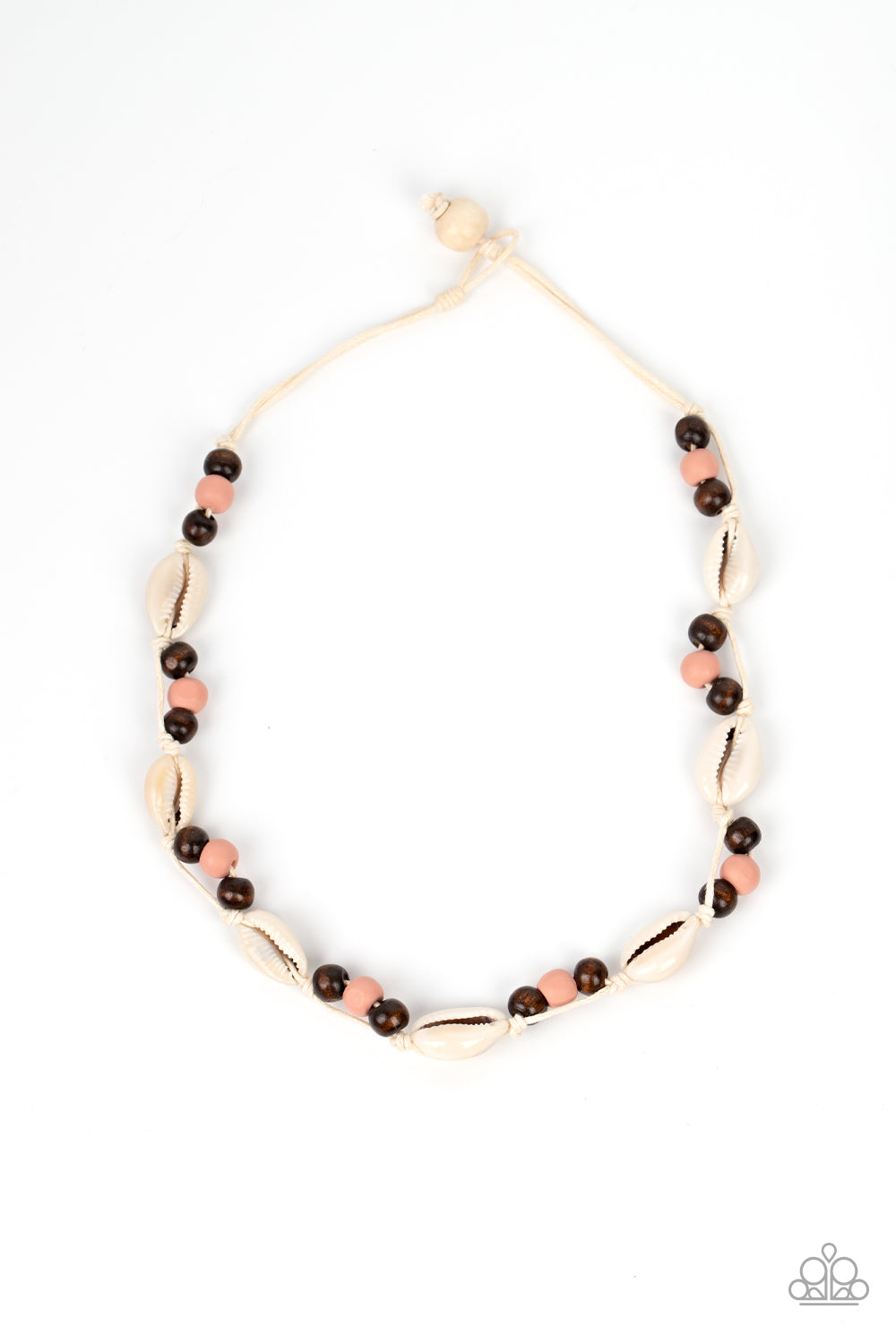 Bermuda Beachcomber - Pink & Brown Wooden Beads/White Cowrie Seashell Paparazzi Urban Necklace