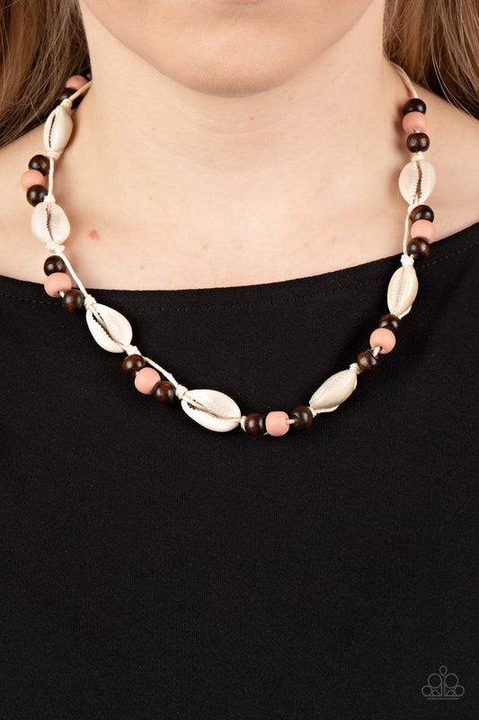 Bermuda Beachcomber - Pink & Brown Wooden Beads/White Cowrie Seashell Paparazzi Urban Necklace