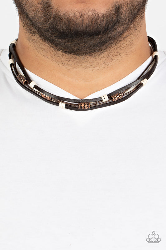 Backpack Paradise - Copper Textured Beads, Brown & White Cording Paparazzi Urban Necklace