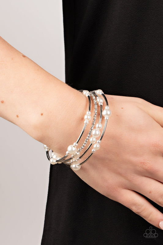 Marina Masterpiece - White Pearls, Silver Beads, & White Rhinestone Paparazzi Coil Bracelet