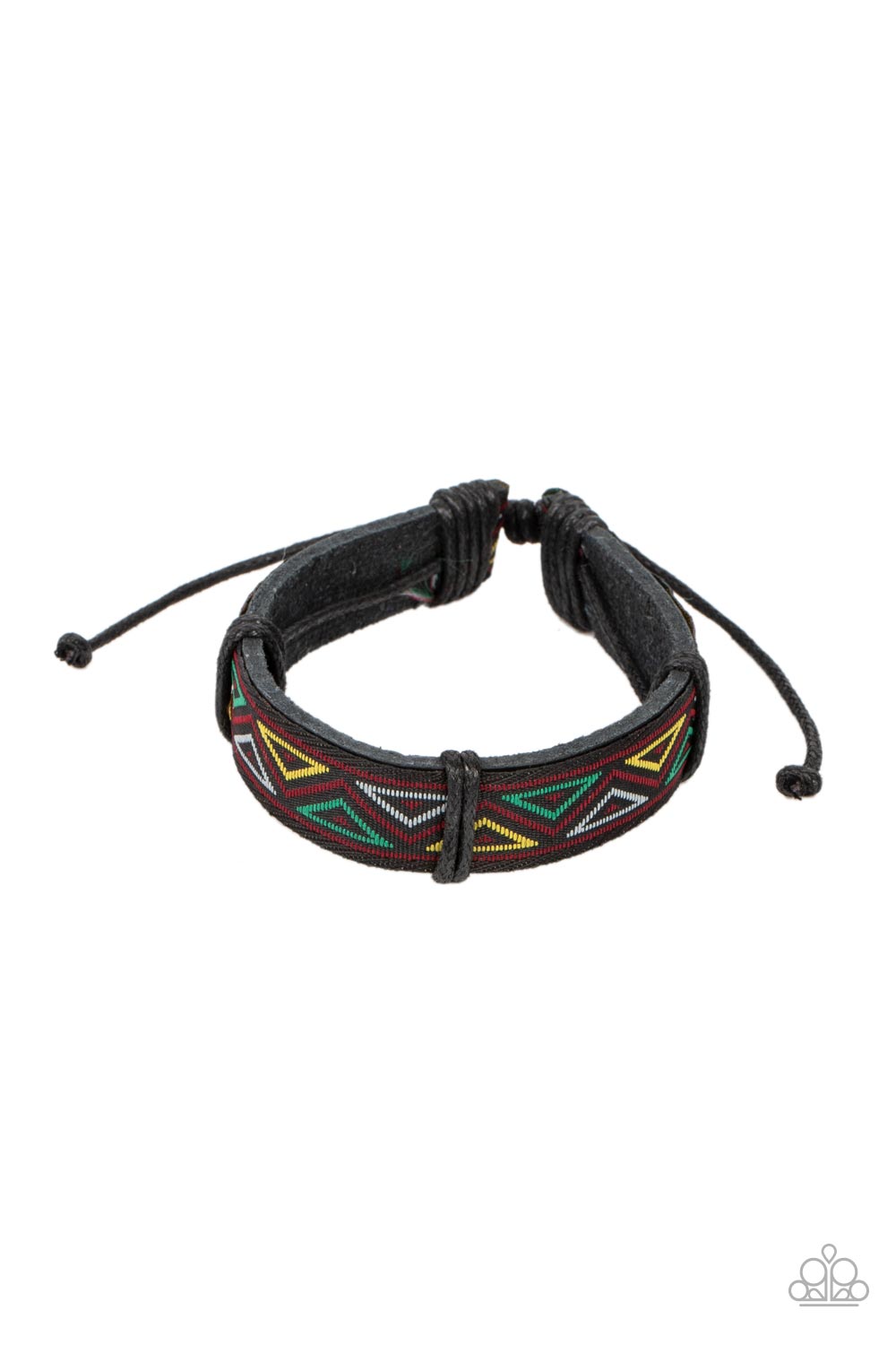 Tundra Thunder - Multi Colorful Textile Pattern, Black Ribbon, & Black Leather Paparazzi Urban Bracelet