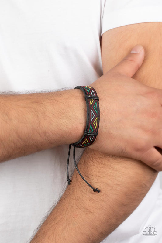 Tundra Thunder - Multi Colorful Textile Pattern, Black Ribbon, & Black Leather Paparazzi Urban Bracelet