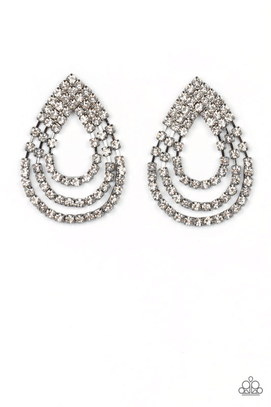 Take a POWER Stance - Gunmetal & White Rhinestone Teardrop Chandelier Paparazzi Earrings