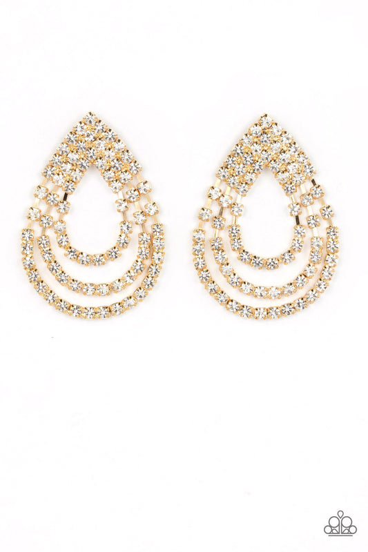 Take a POWER Stance - Gold Fittings & White Rhinestone Loop Paparazzi Earrings