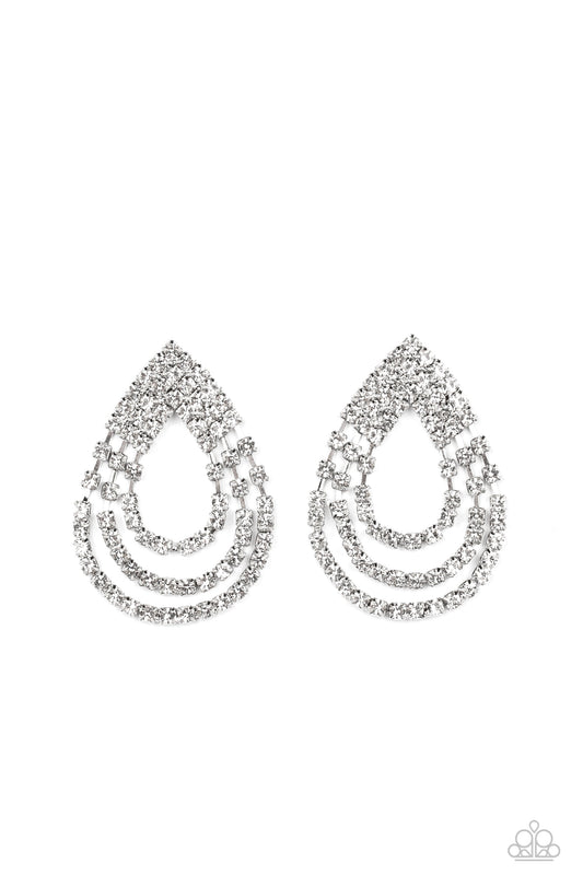 Take a POWER Stance - White Rhinestone Loop Paparazzi Earrings