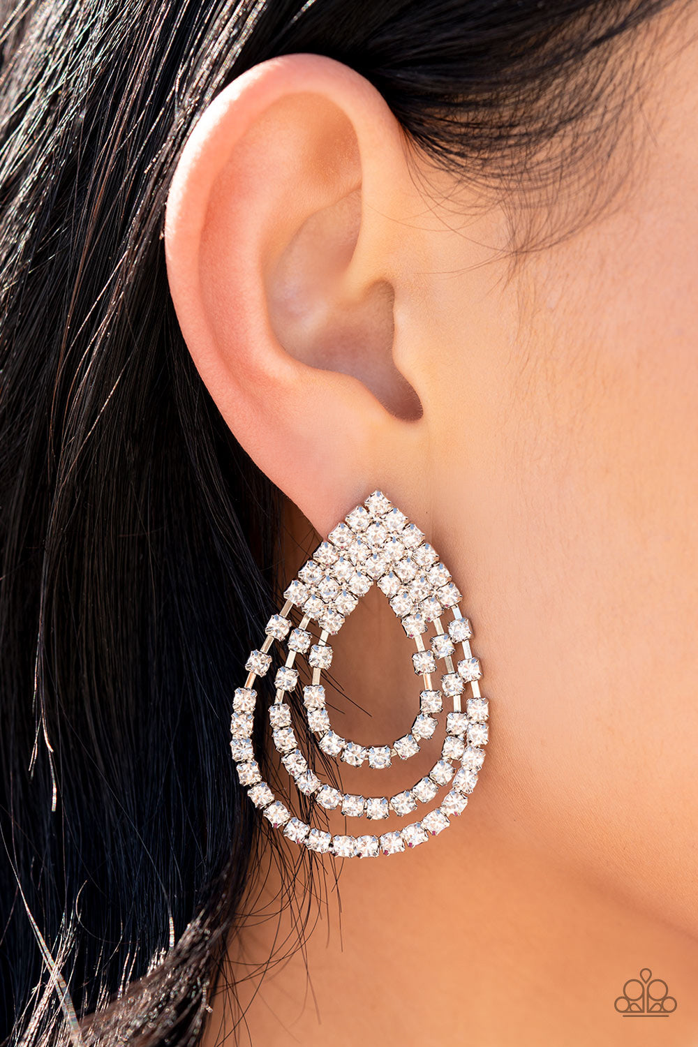 Take a POWER Stance - White Rhinestone Loop Paparazzi Earrings