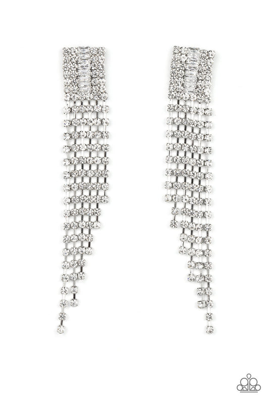 A-Lister Affirmations - White Rhinestone Tapered Fringe Paparazzi Earrings