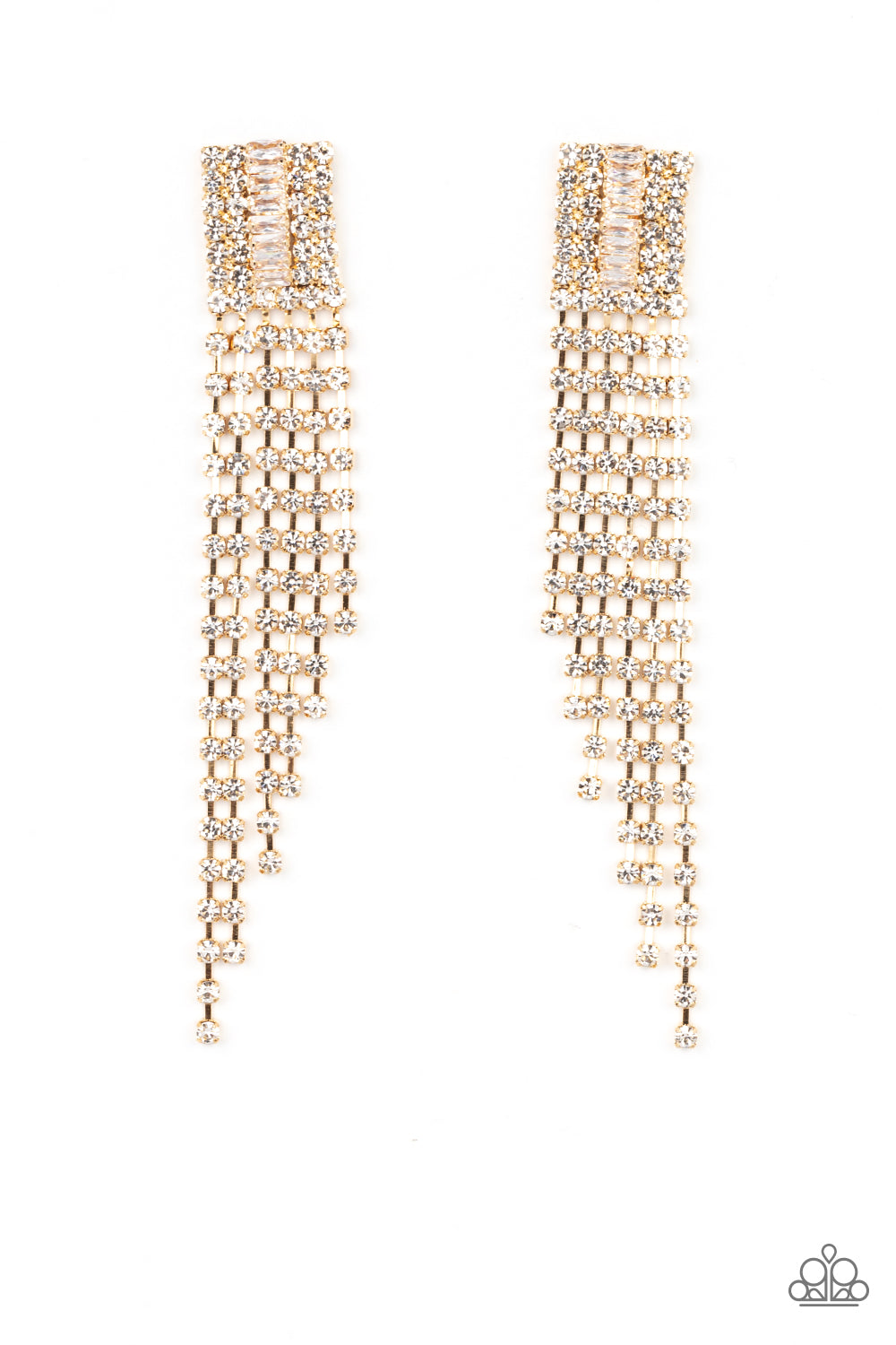 A-Lister Affirmations - Gold Frame & White Rhinestone Tapered Fringe Paparazzi Earrings