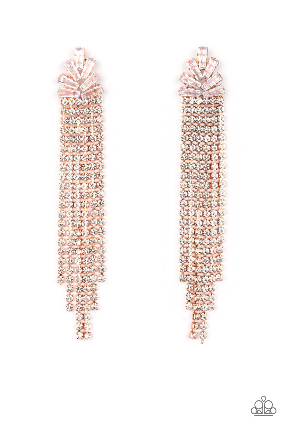 Overnight Sensation - Copper Frame & Dainty White Rhinestone Tassel Paparazzi Post Earrings