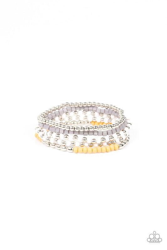 Adventure is Calling - Silver, White, Gray, & Yellow Beaded Set of 4 Paparazzi Stretch Bracelets