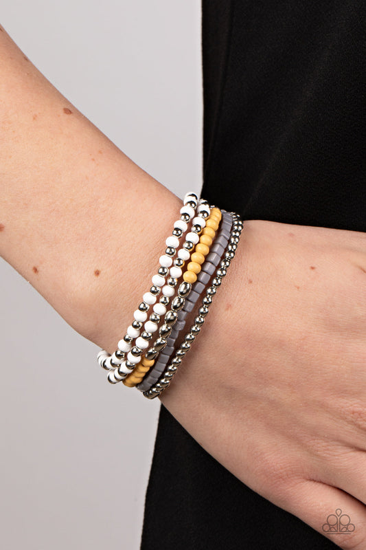 Adventure is Calling - Silver, White, Gray, & Yellow Beaded Set of 4 Paparazzi Stretch Bracelets