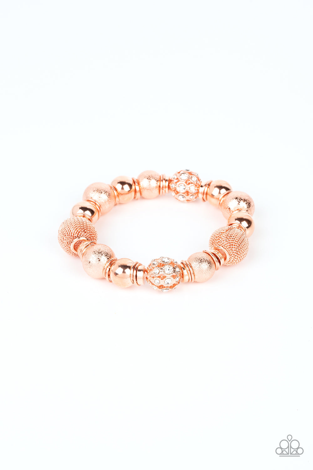 We Totally Mesh - Copper Oversized Beads, Mesh Beads, Rings, & White Rhinestone Accent Paparazzi Stretch Bracelet