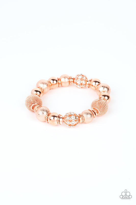 We Totally Mesh - Copper Oversized Beads, Mesh Beads, Rings, & White Rhinestone Accent Paparazzi Stretch Bracelet