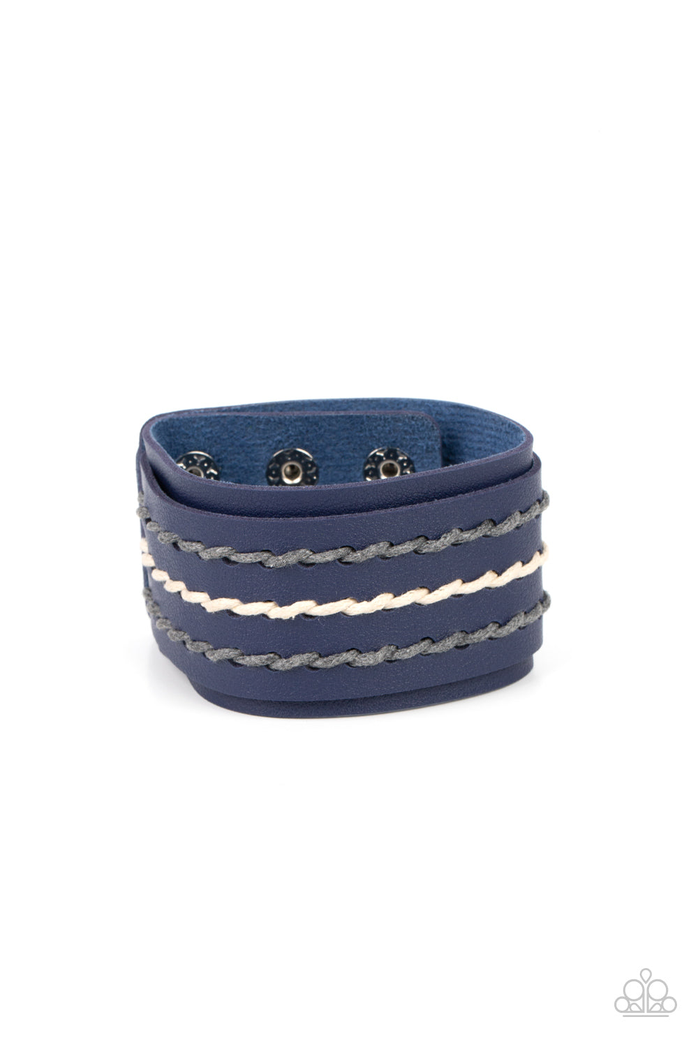 Real Ranchero - Blue Leather, Gray & White Cording Paparazzi Snap Bracelet