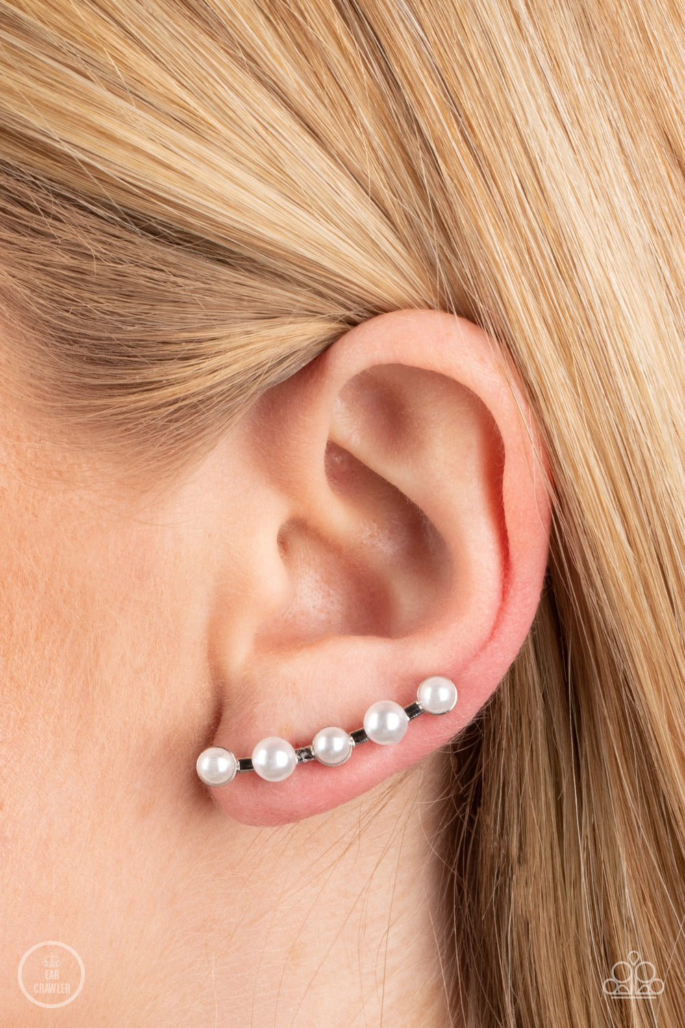 Drop-Top Attitude - White Pearl Paparazzi Ear Crawler Earrings