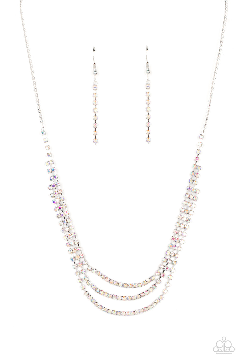 Surreal Sparkle - Multi Iridescent Rhinestone Interconnected Row Paparazzi Necklace & matching earrings