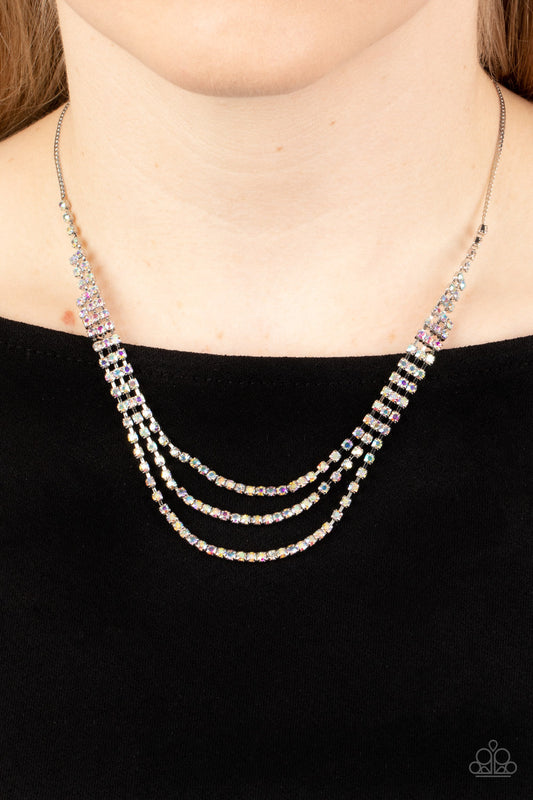 Surreal Sparkle - Multi Iridescent Rhinestone Interconnected Row Paparazzi Necklace & matching earrings