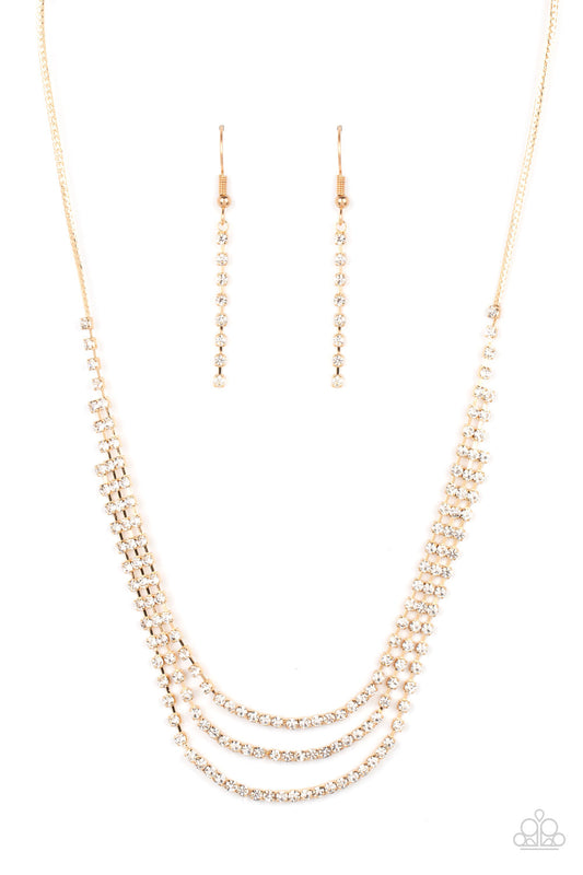 Surreal Sparkle - Gold Snake Chain & White Rhinestone Rows Paparazzi Necklace &shirt matching earrings