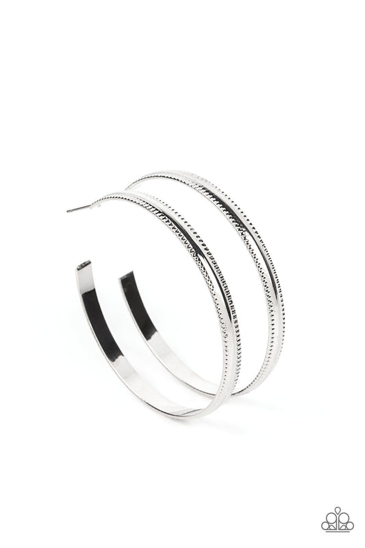 Monochromatic Magnetism - Silver Textured & Flat Bar Paparazzi Hoop Earrings