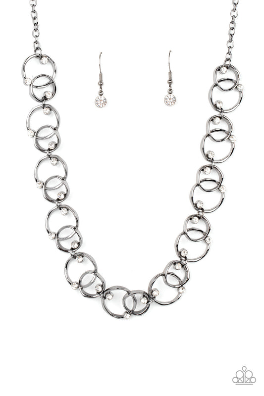 Center of My Universe - Gunmetal Asymmetrical Overlapping Rings/White Rhinestone Paparazzi Necklace & matching earrings