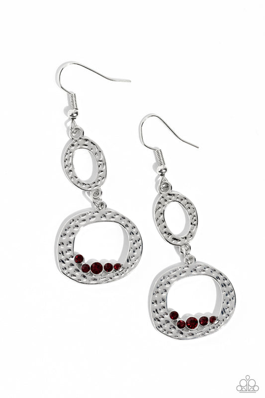 So Unexpected - Red Rhinestones & Asymmetrical Silver Loops Paparazzi Earrings