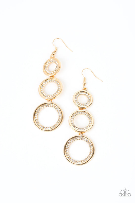 Shimmering in Circles - Gold Linked Rings/White Rhinestone Paparazzi Earrings