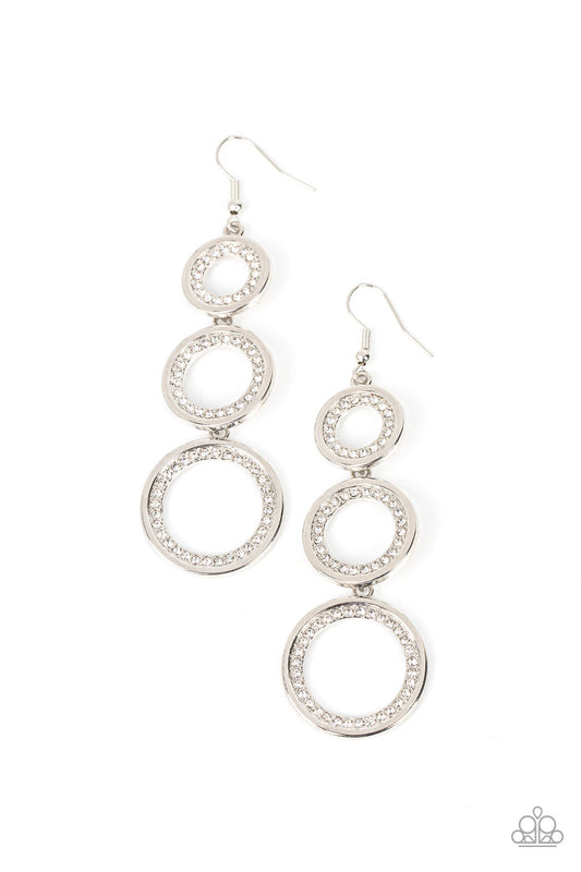 Shimmering in Circles - White Rhinestones & Silver Loop Paparazzi Earrings