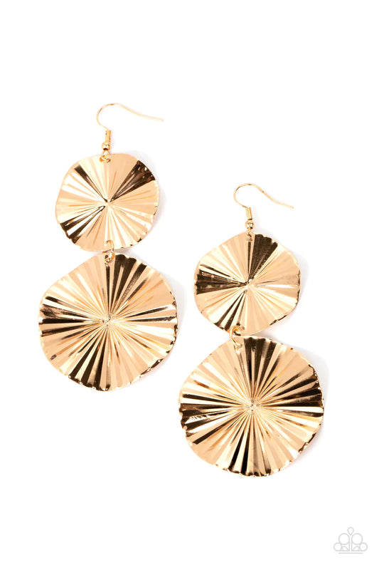 In Your Wildest FAN-tasy - Gold Crinkled Texture Paparazzi Earrings