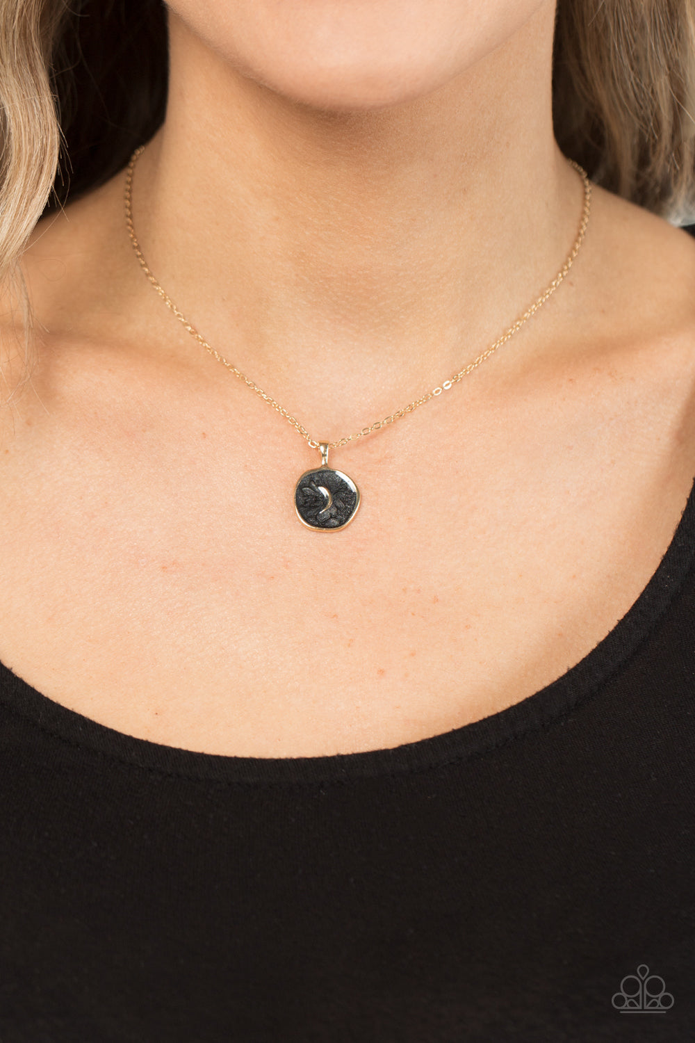 Moon Magic - Black Finish, Asymmetrical Disc, & Dainty Moon Accent Pendant Paparazzi Necklace & matching earrings