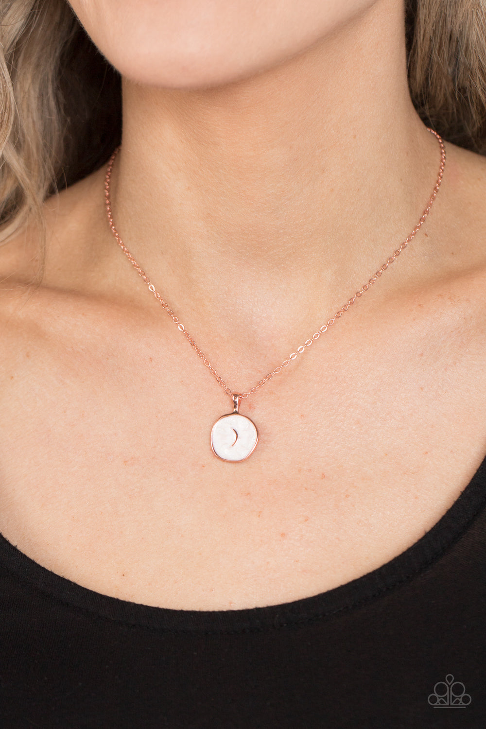 Moon Magic - Copper Dainty Moon/White Lacquer Finish Pendant Paparazzi Necklace & matching earrings