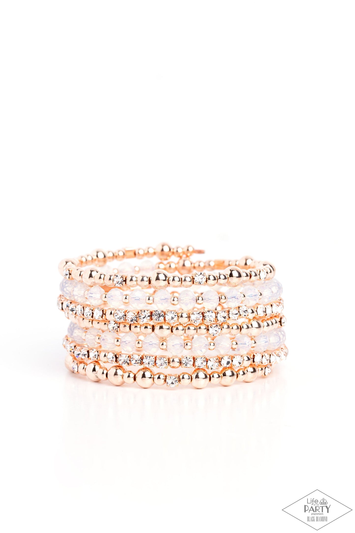 ICE Knowing You - Rose Gold Beads, Rose gold Cubes, Opaque Crystal Beads, & White Rhinestone Paparazzi Coil Bracelet