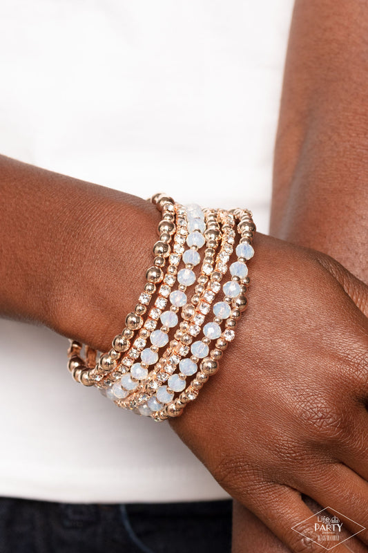 ICE Knowing You - Rose Gold Beads, Rose gold Cubes, Opaque Crystal Beads, & White Rhinestone Paparazzi Coil Bracelet