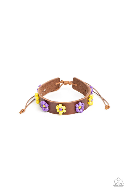 Flowery Frontier - Purple & Yellow Beaded Flowers/Brown Leather Paparazzi Urban Bracelet