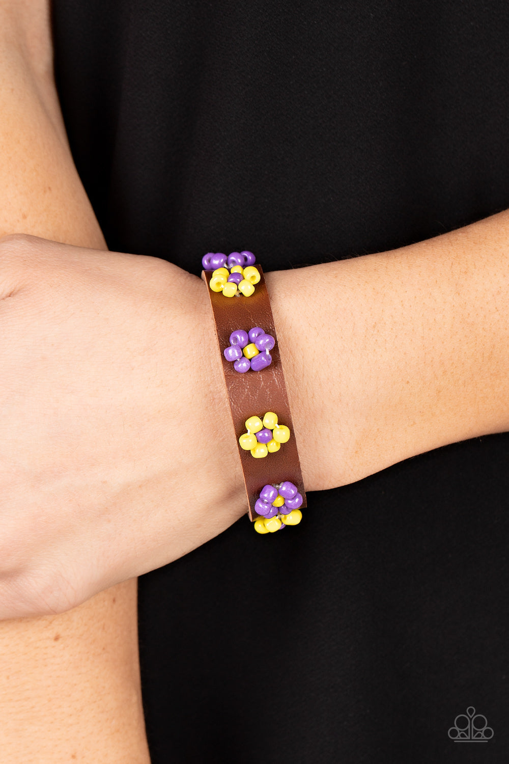 Flowery Frontier - Purple & Yellow Beaded Flowers/Brown Leather Paparazzi Urban Bracelet