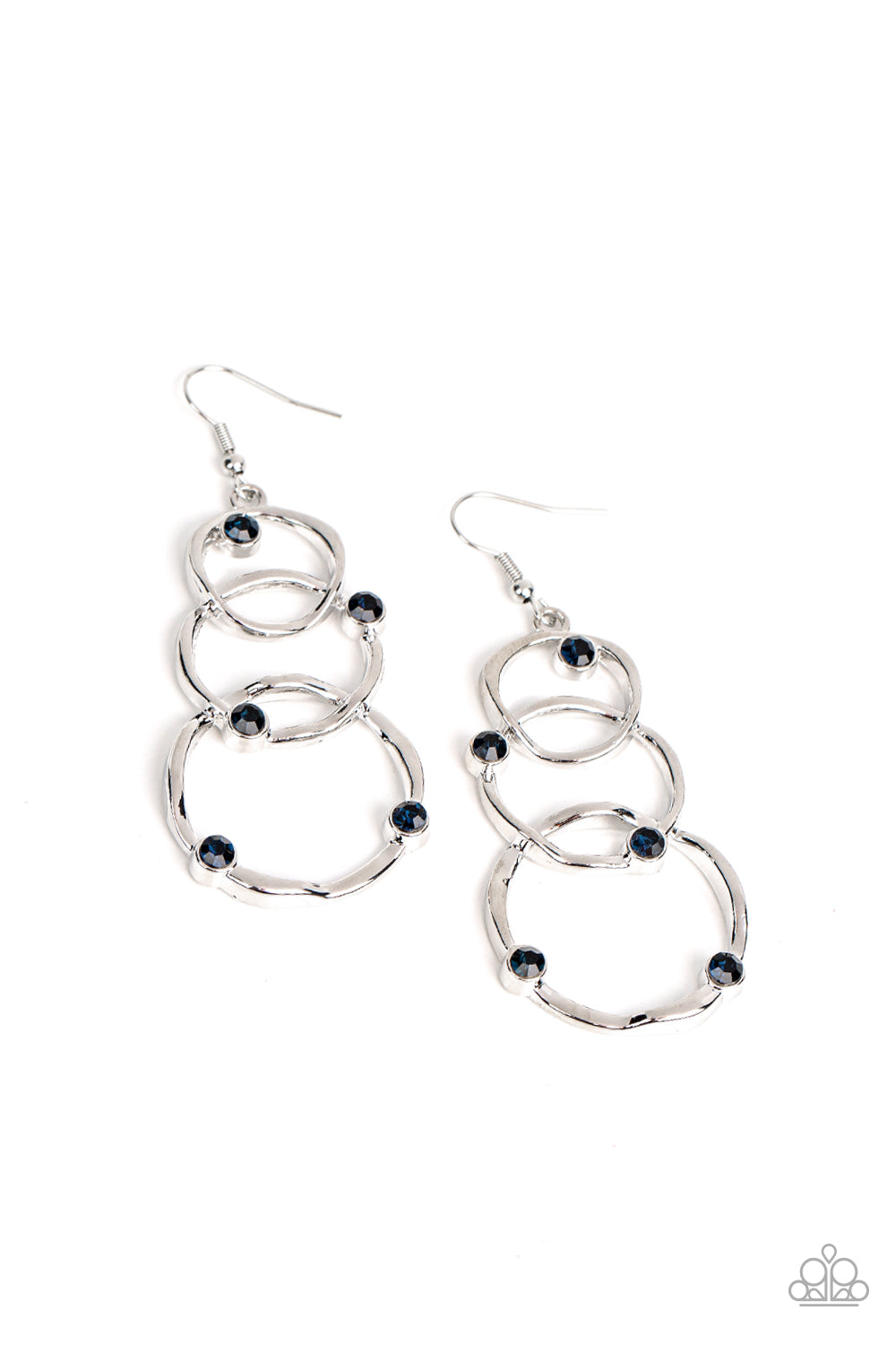 Revolving Radiance - Blue Rhinestone Encrusted Wavy Silver Circle Paparazzi Earrings