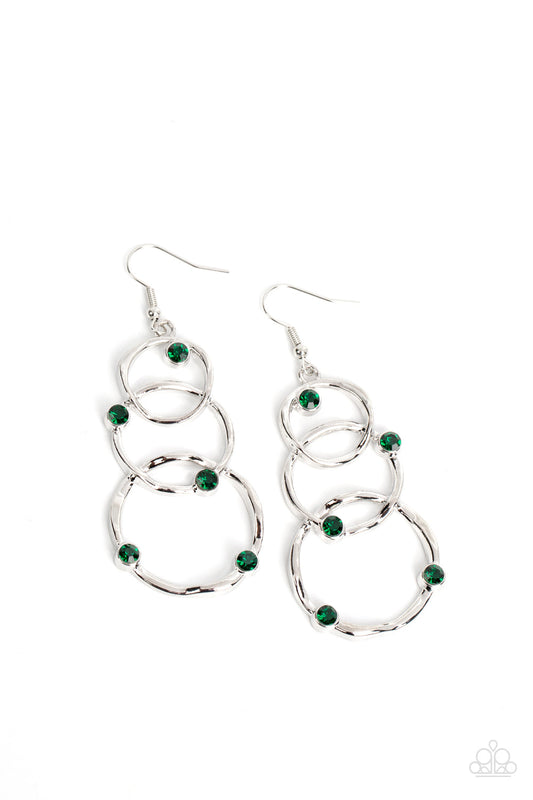 Revolving Radiance - Green Rhinestone & Trio of Wavy Silver Circle Paparazzi Earrings