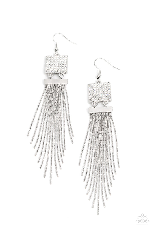 Dramatically Deco - White Rhinestones & Silver Chain Tassel Paparazzi Earrings